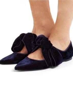Tory Burch Clara Velvet Bow Navy Pointed Toe Ballet Flats
